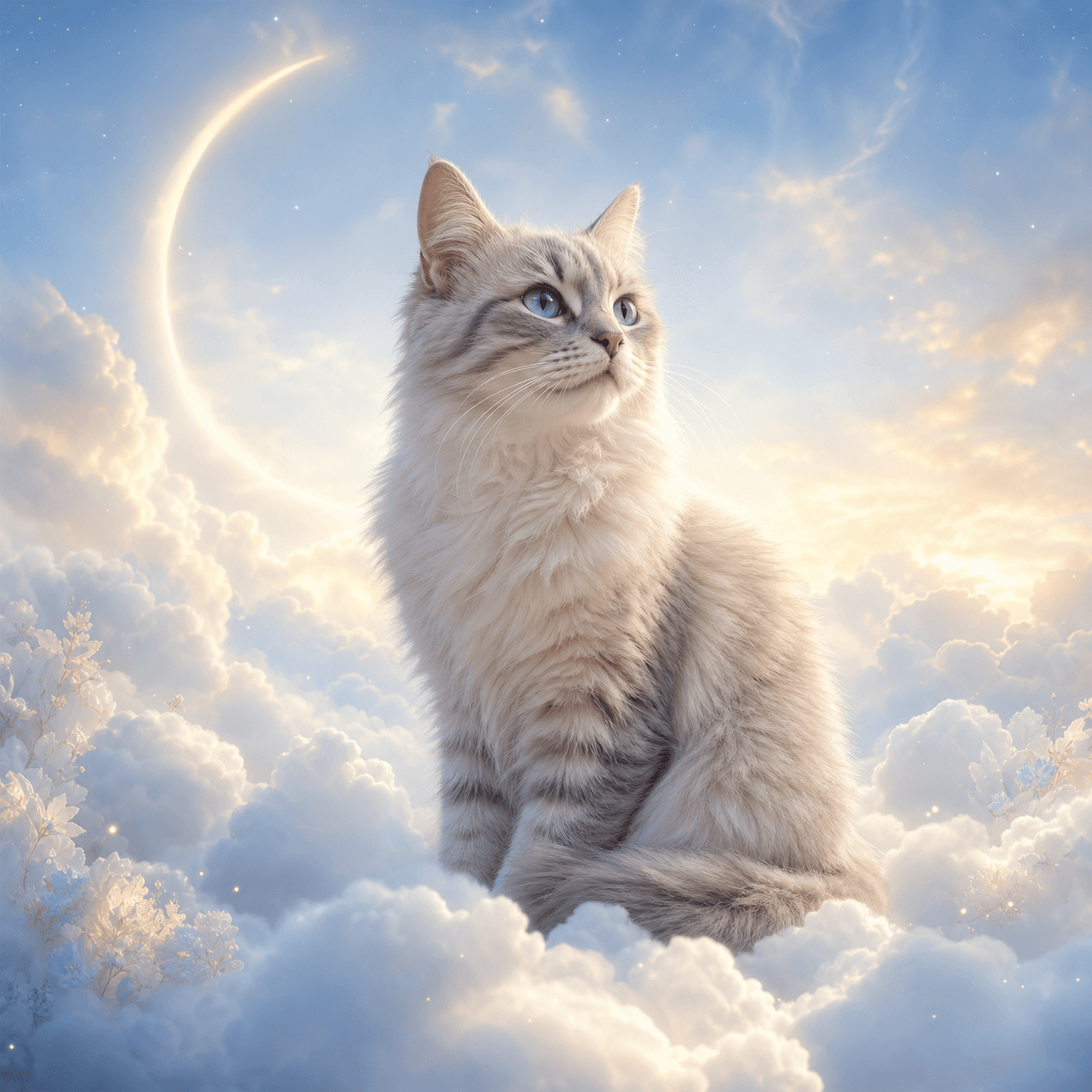 White cat sitting in luminous clouds under a crescent moon