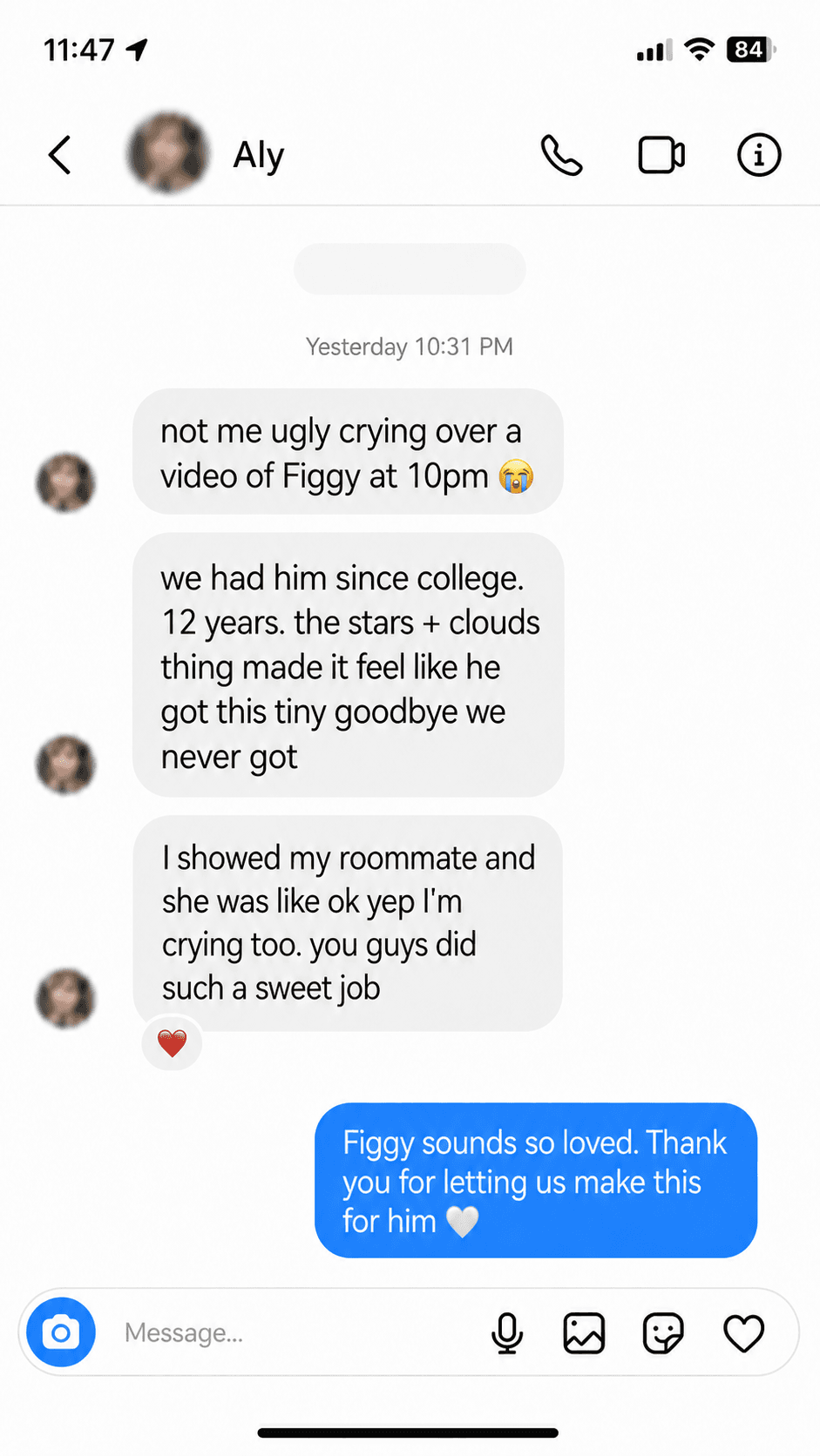 Illustrative message exchange about Figgy's tribute video