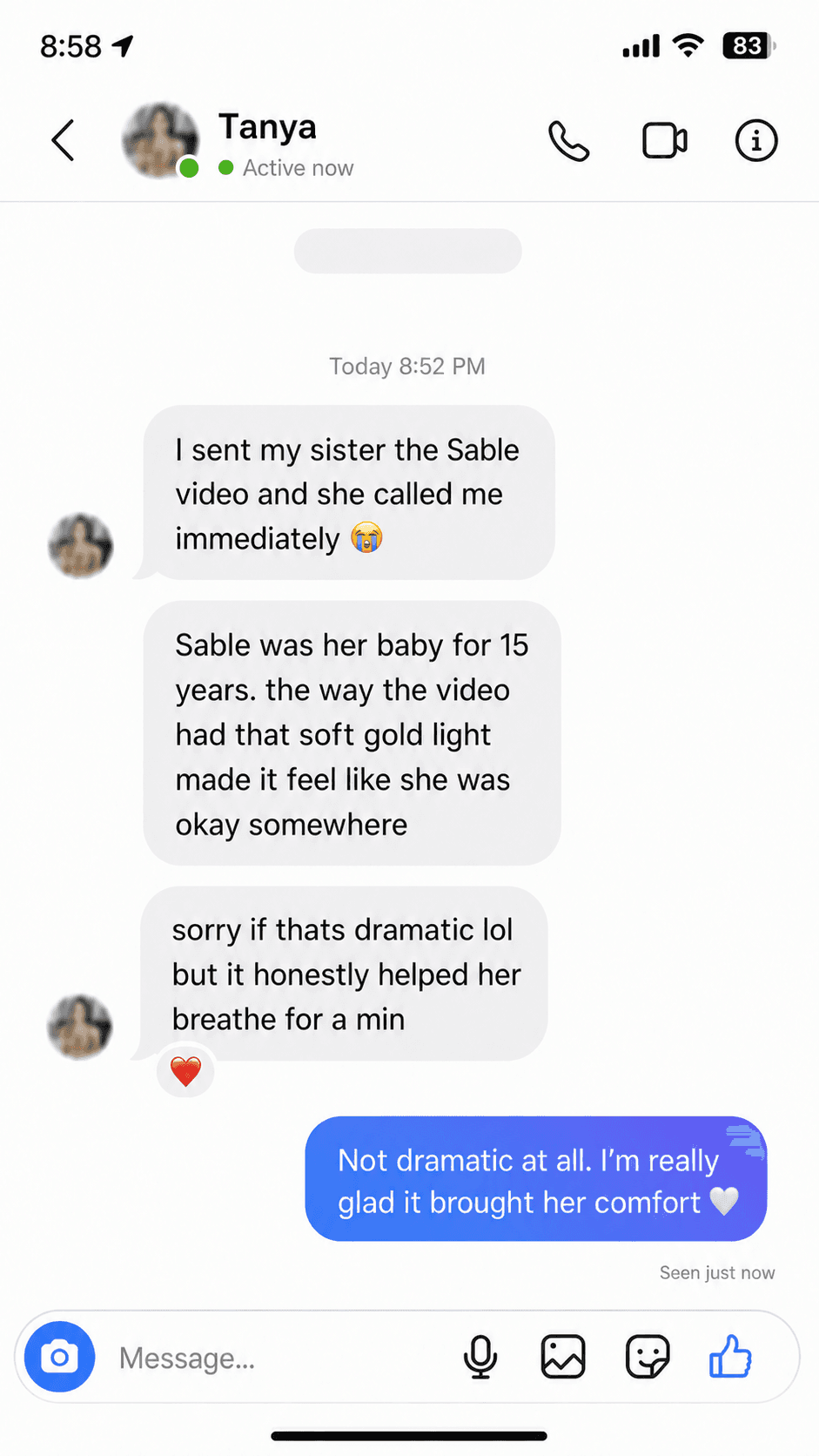 Illustrative message exchange about Sable's tribute video