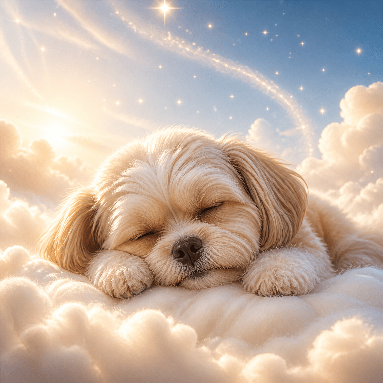 Small dog sleeping peacefully in glowing clouds