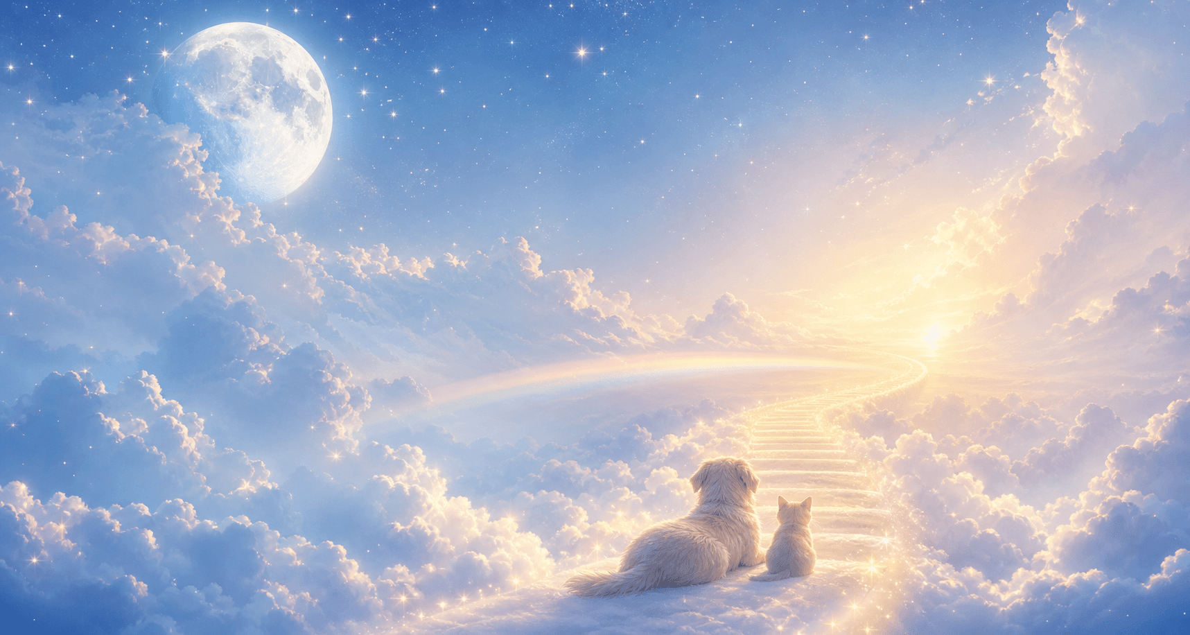 Dog and cat resting in glowing clouds near a rainbow bridge
